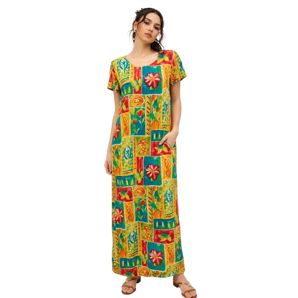 Womens Tropical Floral‎ Print Maxi Dress Short Sleeve Resort Wear
